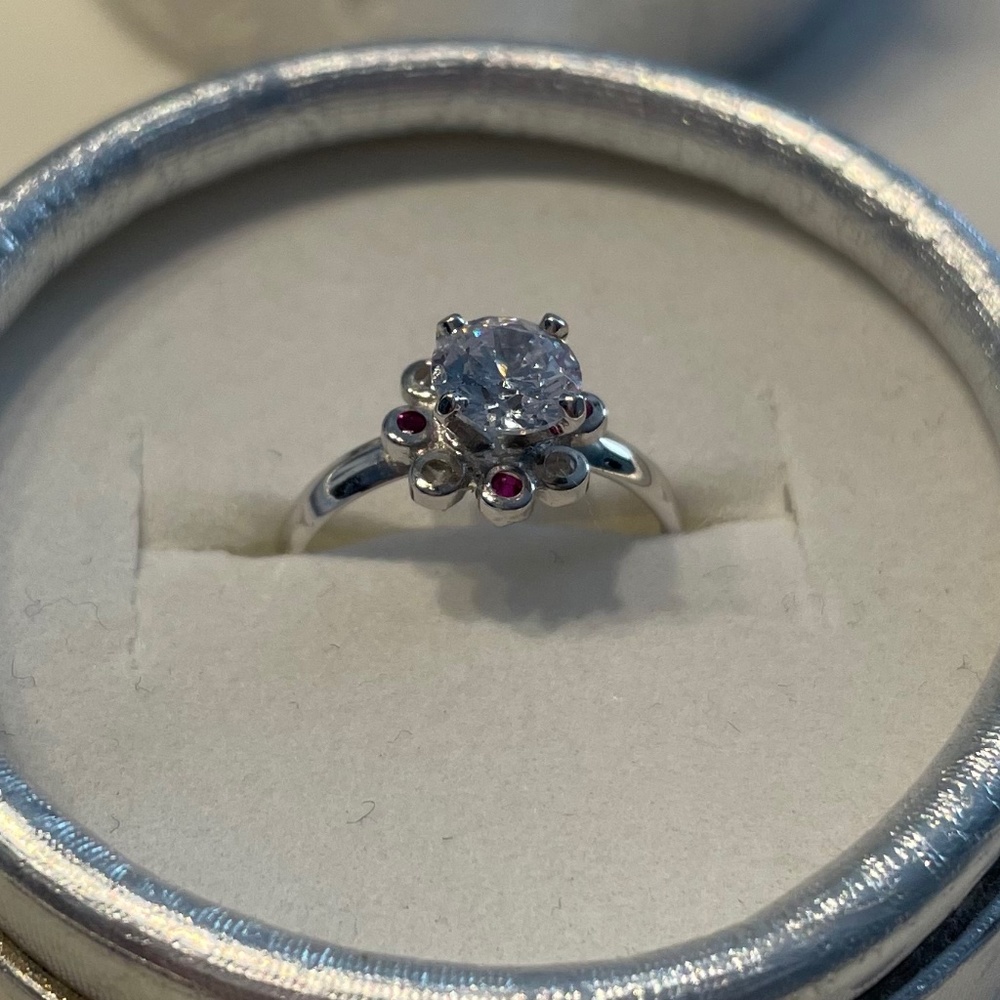 Sterling Silver Diamond Flower Ring with Rubies - IMPORTED FROM COLOMBIA